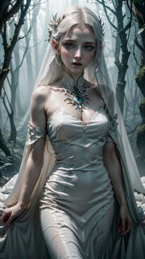 A hyper-realistic, 8k rendering of the scariest white lady ghost ever captured. The ghostly figure has a gaunt, pale face with sunken eyes and sharp fangs, and her long white dress is stained with dark, congealed blood. Her hollow eyes gazing with an unnerving intensity. The close-up image is set against a dark and ominous forest, where a faint whisper of wind can be felt. The detailed skin texture and realistic lighting create an eerie and spine-chilling atmosphere.