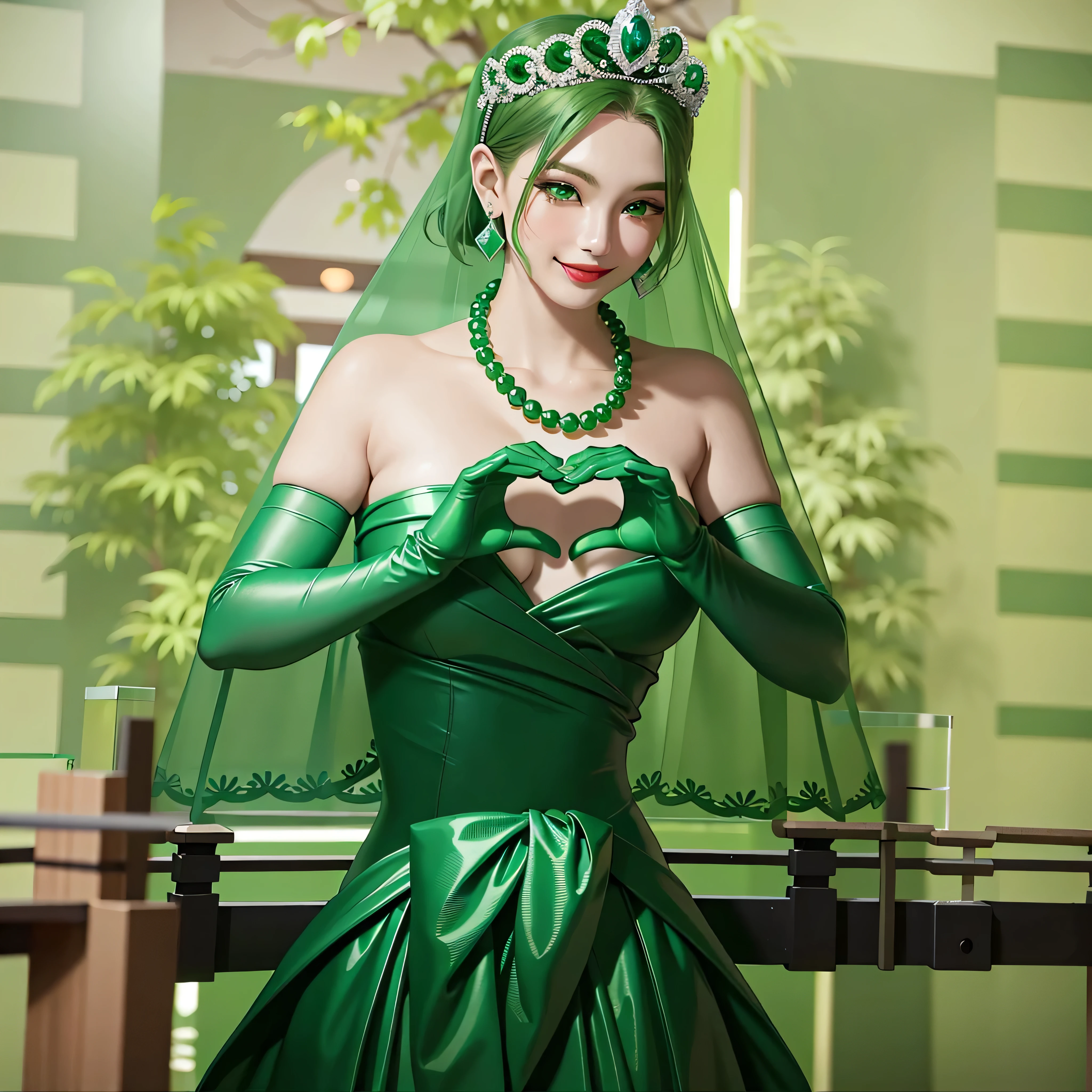 emerald tiara, Green Pearl Necklace, Boyish very short green hair, Green Lips, Smiling Japanese woman, Very short hair, Busty beautiful lady, Green Eyes, Green satin long gloves, Green Eyes, Emerald Earrings, Green veil, Heart with both hands, Green Hair, Beautiful Japanese Woman, Heart shaped hands:1.3, green lip gloss