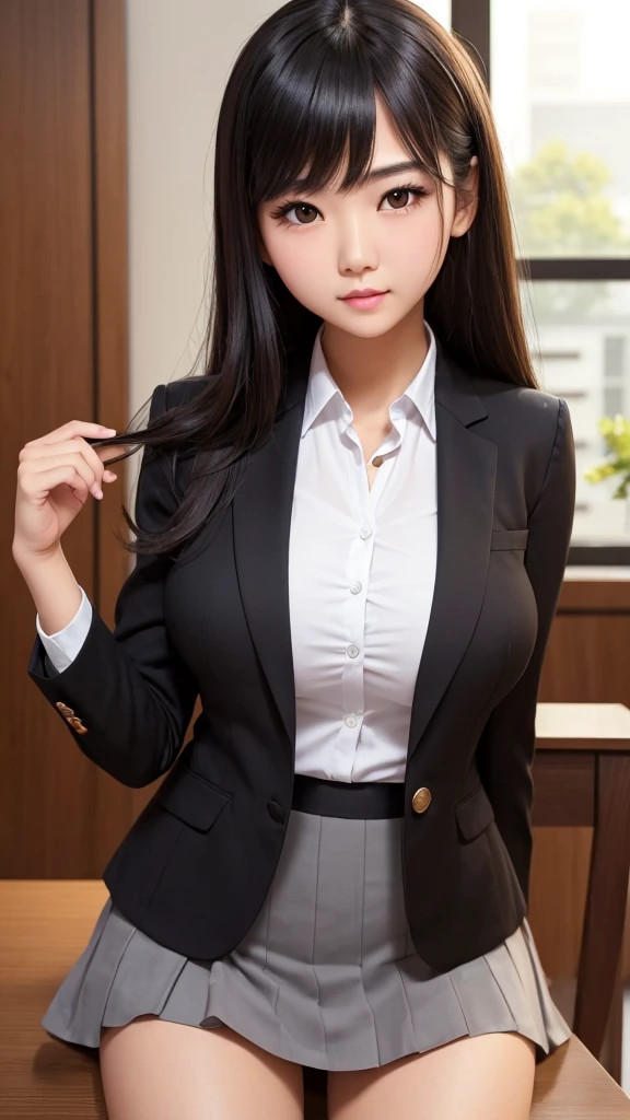 ((high quality)), ((Tabletop)), (Detailed face), (highlight), Asian Girl、Big breasts、thigh、Black Hair、Heavy bangs、high school girl、skirt、blazer、