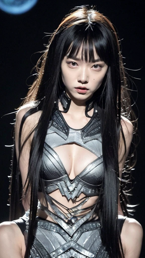 Futuristic spaceship time. Galactic theme, Galactic Style, beautiful girl age 25, height 165cm, 34-24-36 body ratio. Futuristic Bikini long open thigh open skirt gown(open chest,revealing,no bra,tight,almost exposed,revealing pubic hair,revealing labia majora),((Best Quality, 8K, Masterpiece: 1.3)), 1girl, Slim Abs Beauty: 1.3, (Hairstyle gothic, natural normal breasts: 1.2), Dress: 1.1, drugged Face, Delicate drugged Eyes, Double Eyelids, drugged body, Inside futuristic spaceship background, heavily drugged face, almost fainted (((Royo,Giger)))