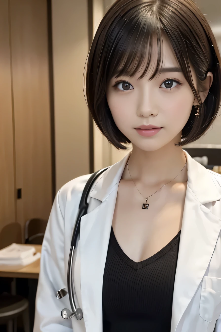 Beautiful young woman、 Japanese women、Black Hair、Necklace around the neck、White、shirt、Stethoscope、short hair、Intricate details, Very detailed:1.2), 、 Looking into the camera,The background is the examination room...、ear piercing
