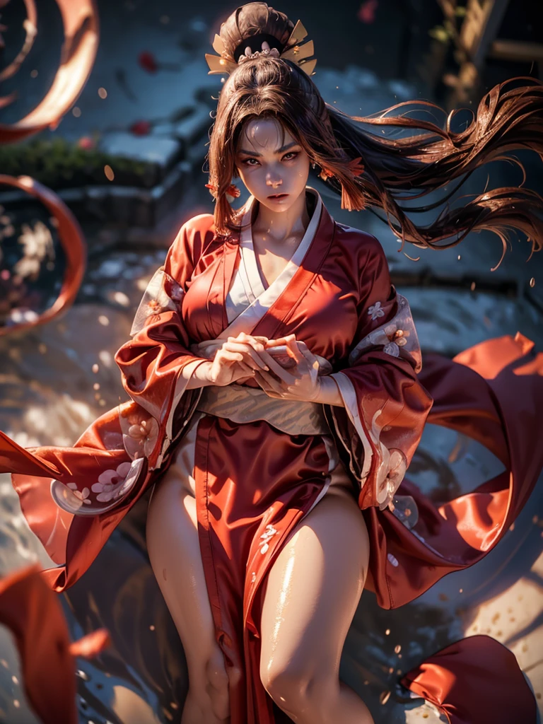 (exquisitely detailed CG unity 8k wallpaper, masterpiece-quality with stunning realism), (best illumination, best shadow), (best quality), (elegant style:1.2), Arti modern anime. angled view, heroic pose, midshot, (cel-shading style:1.3), centered image, ultra detailed closeup portrait of (Mai Shiranui:1) from (King of Fighters), best quality, expressive eyes, perfect face, highres, (ultra details), 1 girl, solo, (brown hair:1), hair ornament, eyeshadow, (gold, white and mainly red qipao:1), highly ornamented, (in Shinjuku, Tokyo:1), portrait, looking at the viewer, piercing eyes, full body, (light from the angle:1) (wind blowing:1.2).(depth of field effects:1.3) (motion action:1.2) (closeup:1.2) (motion blur effects:1), spreading feet, Thin to transparent,see-through, (((Soggy-kimono:1.2))),Lace fabric, (((water-immersed body: 0.9))), jewellery, (lying down:1) (fire in the background:1.1), (asian face:1.2), (nail polish:.6), (makeup:.8), (arms and hands resting:1) (arms down:1) (sexy pose:1), (2 legs:1), (2 arms:1), (2 hands:1)