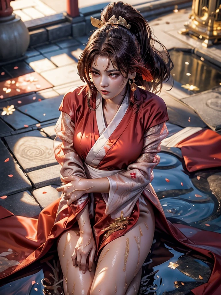 (exquisitely detailed CG unity 8k wallpaper, masterpiece-quality with stunning realism), (best illumination, best shadow), (best quality), (elegant style:1.2), Arti modern anime. angled view, heroic pose, midshot, (cel-shading style:1.3), centered image, ultra detailed closeup portrait of (Mai Shiranui:1) from (King of Fighters), best quality, expressive eyes, perfect face, highres, (ultra details), 1 girl, solo, brown hair, hair ornament, eyeshadow, gold, white and red qipao, highly ornamented, in the city of Japan, portrait, looking at the viewer, piercing eyes, full body, (light from the angle:1) (wind blowing:1.2).(depth of field effects:1.3) (motion action:1.2) (closeup:1.2) (angled closeup photography:1), (motion blur effects:1), wide angles, spreading feet, Thin to transparent,see-through,(((Soggy-kimono:1.2))),Lace fabric, (((water-immersed body: 0.9))),jewelry, relaxing pose, (dress on fire:.7), ((Leaning forward:1))