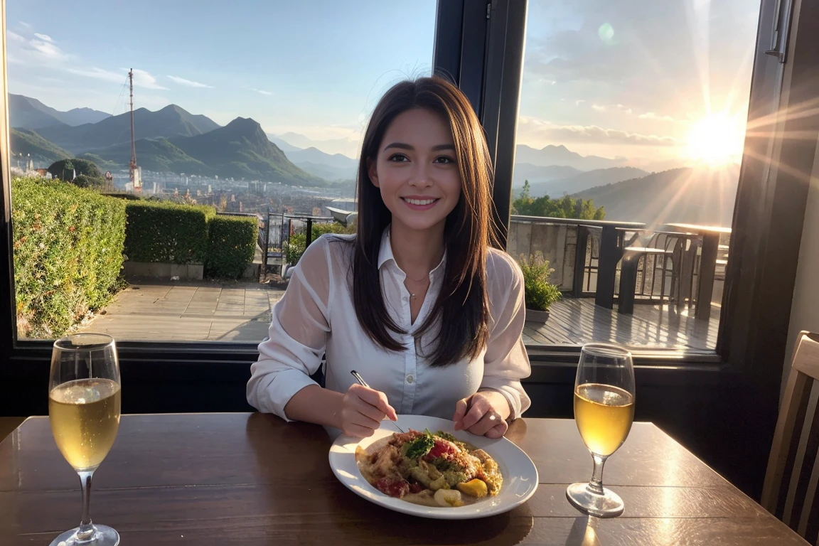 ((Highest quality、8K、masterpiece:1.3))、1 male、1 female、spouse、Beautiful couple、smile、 (Slim face), (the body is スリム), (Brown Hair), (Shortcuts), ((Bob Hale、Straight hair:1.2)), テーブルの上のwine glass、Please shine a light on my face、 Amazing view of the sunset sky and clouds、Amazing mountain views、smileの美しさ、Bright image、Blushing, Shortcuts,Bright Face、 age), 39 age, red wine 、Appetizers、Italian food、Wine bottle、Champagne、sparkling wine、Long sleeve shirt、dress、Attractive beauty、restaurant, Nova Frog Style, actress, model, Upper Body, White wine, red wine, wine glass,