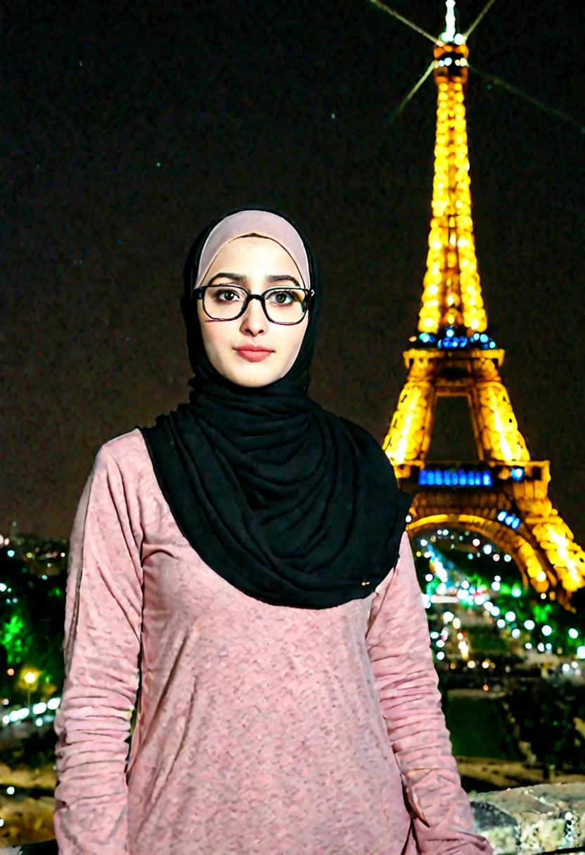 Ugly Slim fit weak Very Pale skin black eyebrows kurdish glasses in tight hijab standing front Eiffel tower at night view from top