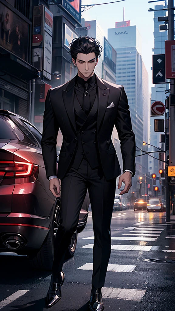 arafed man in a suit leaning on a car in a city, digital art by Yang J, trending on cg society, digital art, black luxurious suit, man in black suit, luxurious suit, neo - noir style, stylish suit, wearing a stylish men's suit, black suit, 3-piece-suit, formal attire, handsome and elegant