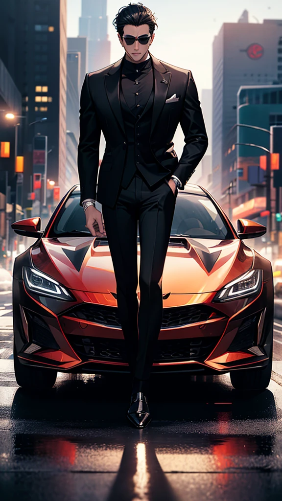 arafed man in a suit leaning on a car in a city, digital art by Yang J, trending on cg society, digital art, black luxurious suit, man in black suit, luxurious suit, neo - noir style, stylish suit, wearing a stylish men's suit, black suit, 3-piece-suit, formal attire, handsome and elegant