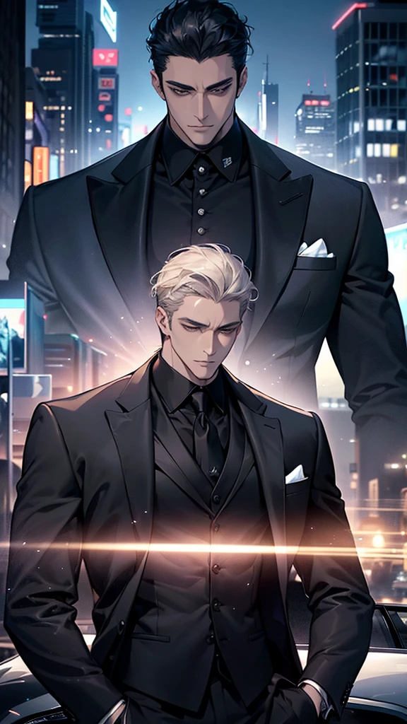 arafed man in a suit leaning on a car in a city, digital art by Yang J, trending on cg society, digital art, black luxurious suit, man in black suit, luxurious suit, neo - noir style, stylish suit, wearing a stylish men's suit, black suit, 3-piece-suit, formal attire, handsome and elegant