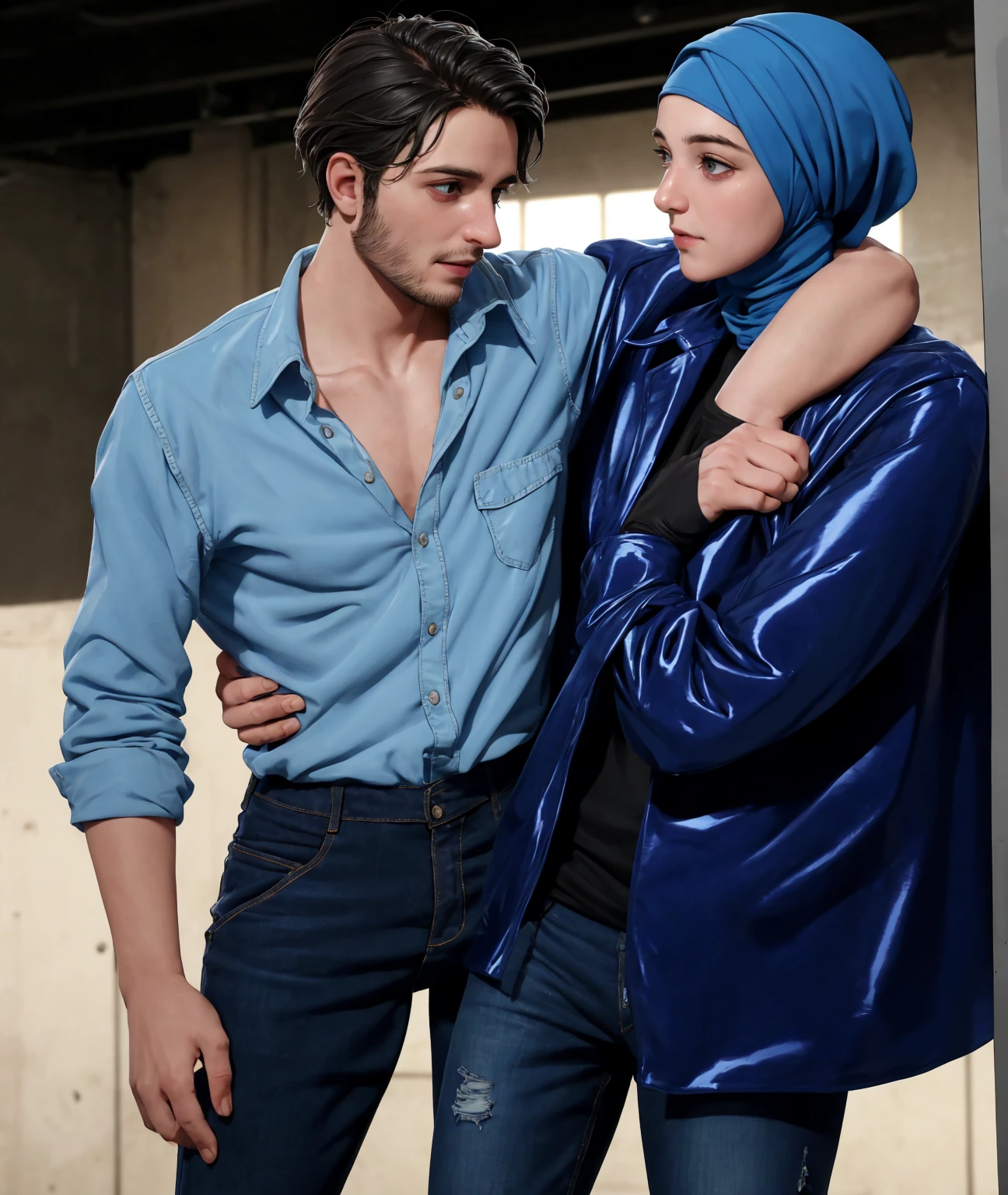 A young German man in a blue cotton shirt and jeans and a Syrian woman in a shiny plastic quilted coat and blue satin headscarf stand arm in arm in front of a refugee shelter, A German man in a cotton shirt and jeans is injured and is supported by a Syrian woman, A Syrian woman wearing a shiny plastic down coat supports an injured short-haired man, who can't walk alone, A Syrian woman wearing a headscarf holds an injured short-haired man in her arms, compassion, accident, injury, first aid, theater, ultra-realistic, photo