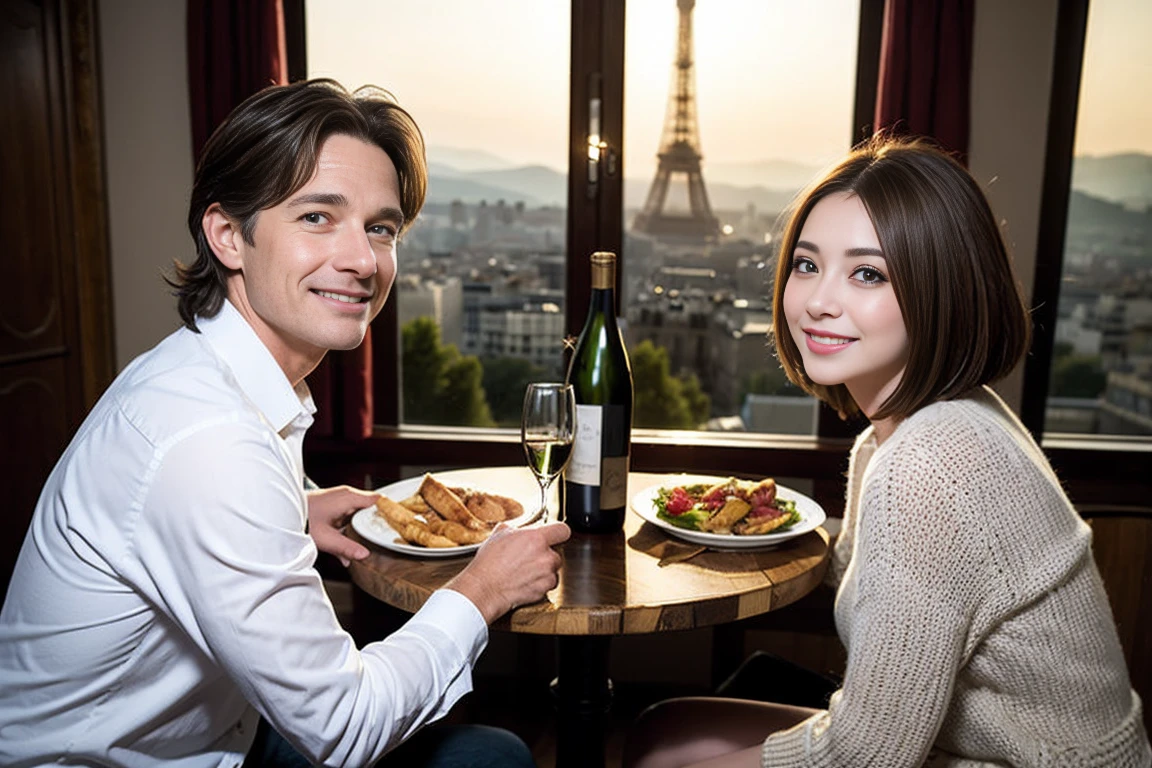 ((Highest quality、8K、masterpiece:1.3))、Sharp focus:1.2、Beautiful woman perfect body:1.4、最高のsmile、1 male 1 female、Beautiful couple、love love love、Lovers in Paris、Good friends、actress couple、smile、Full-course dinner at a packed table、Slim body、Slim body、((Bob Hale、Straight hair:1.2))、(to be born, Highest quality, masterpiece:1.5), (Realistic, Intricate details:1.2), Wine glasses on the table、Put the light on your face、 Amazing view of the sunset sky and clouds、Amazing mountain views、ニコニコ明るいsmile、smileの素敵な女性、Bright image、2. The beauty of wine, Beautiful Face, blue eyes, The light shines on your face, Blushing, short hair,Bright Face、 (43 years old), 39 years old, Lady、red wine 、Appetizers、Italian food、Wine bottle、Champagne、sparkling wine、Two beauties、Brown Hair、Shortcuts、Long sleeve shirt、dress、