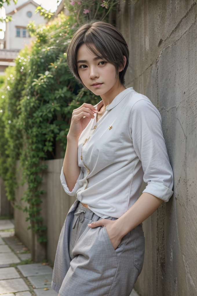 (Woman sitting on the grass:1.3、Triangle sitting、Picnic in a sunny park:1.2)、(Realistic、Like a photograph、Live Action、8k, Realistic, RAW Photos, Best image quality: 1.4), Single-lens reflex camera、RAW Photos, Highest quality, Realistic, Very detailed CG Unity 8k wallpaper, Written boundary depth, Cinematic Light, Lens flare, Ray Tracing, Realistic background、(T-shirts:1.2、(Wear a skirt:1.5、Panty shot、Detailed panties))、((Ultra-dense skin))、、((whole body:1.5))，lunch time:1.1、smile、(short hair、Shortcuts:1.3)、I like that style、stylish、Very detailed、Pay attention to the details、Perfect outfit、(Sunburned skin)、Beautiful legs:1.1，Anatomically correct body、Accurate Fingers、Sitting