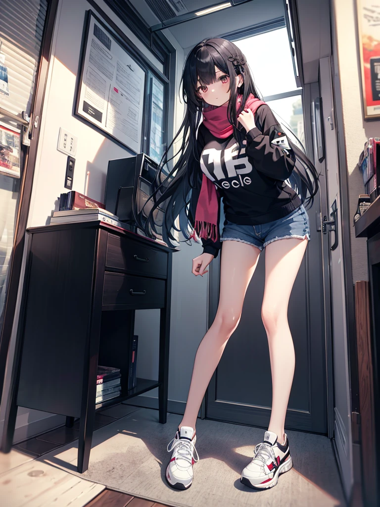 1girl,,legwear,,anklet,black hair,straight_hair,hime cut,long hair,sneakers,huge filesize,scarf，shorts