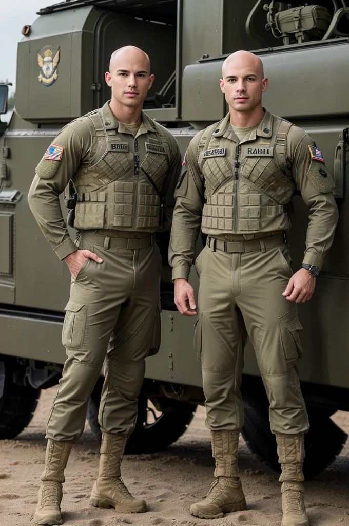 ((8k ((best quality)), ((masterpiece)), (very detailed), real face bald male muscular male full body wear soldier suit  stand by military truck