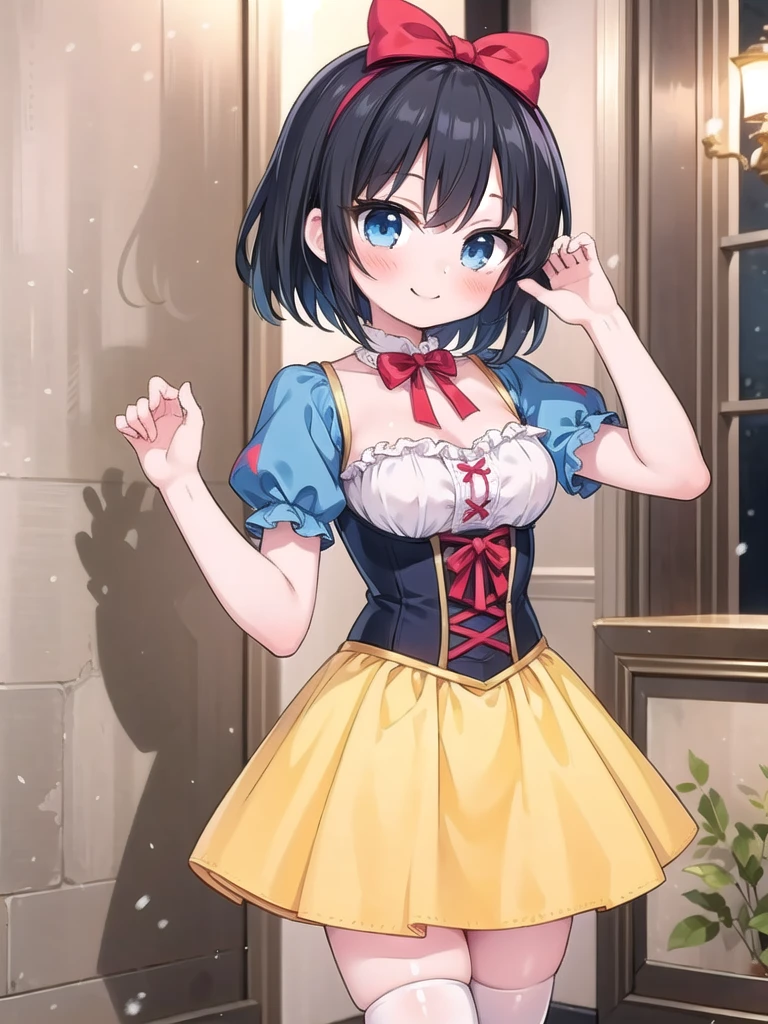 1girl, masterpiece, best quality, perfect hands, black hair, short hair, snow white, detailed dress, red bow, yellow skirt, tight blue corset, yellow dress, puffy short sleeves, blue eyes, white thighhighs, smile, blush