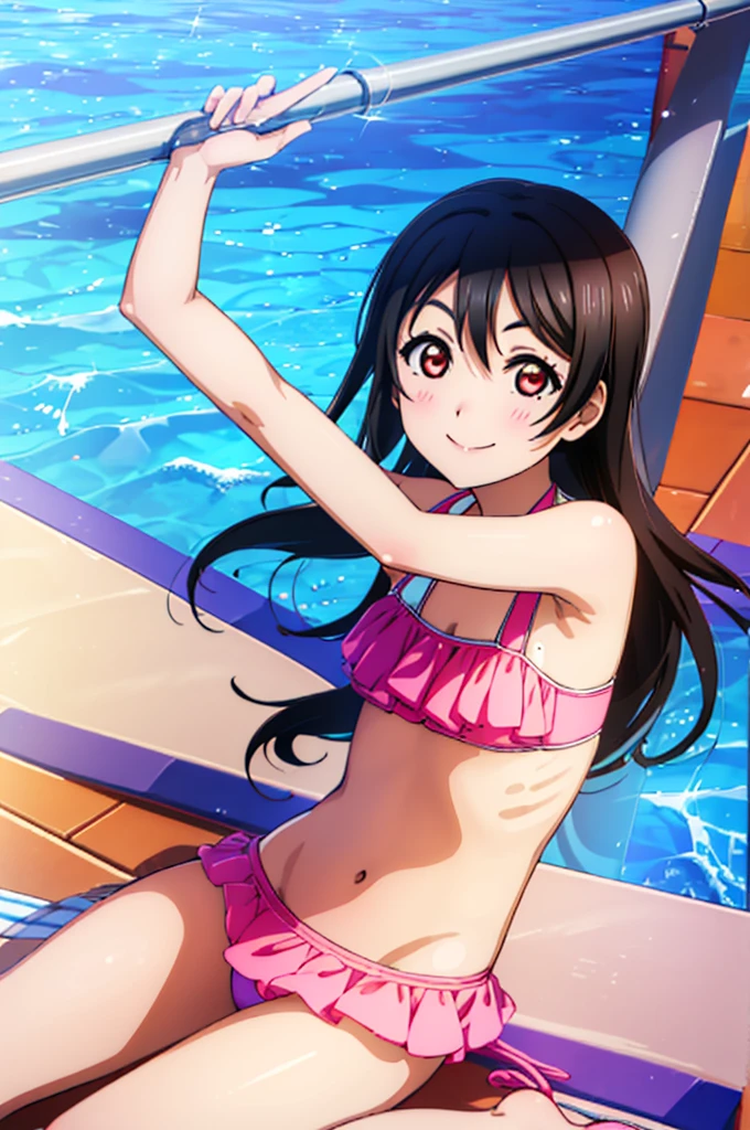 (((pixel-perfect, detail-perfect))), solo, 1girl, Nico yazawa, eyes red, smile, pool, bikini, armpit, flat filesize, ultra High Qality