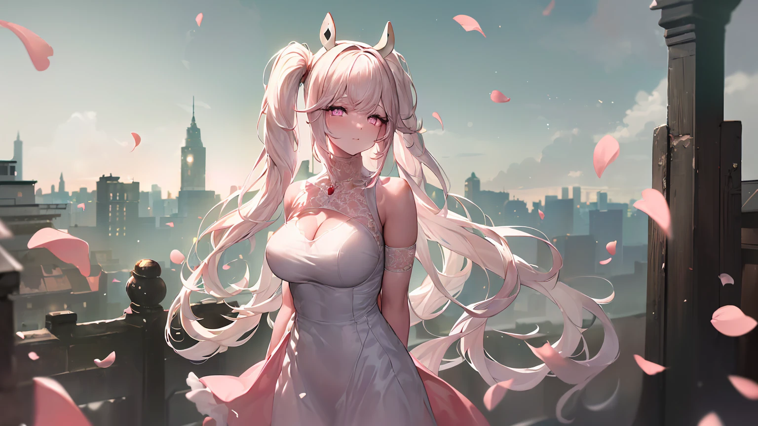 ((((Obra maestra, La mejor calidad, ultrahigh resolution)))), 1girl, standing,), ((long pure pink hair, hair over eye)), long hair cut, shiny skin, ((pink eyes)), glowing_eyes, neon eyes, (ultra detailed eyes:0.7, beautiful and detailed face, detailed eyes:0.9), ((centered)), smirk, facing viewer, ((vibrant background, dark lighting, summer, sunlight)), large chested, looking at viewer, ((half closed eyes)), ((perfect hands)), (((head:1, arms, hips in view, elbows, in view))), ((hands behind back)), empty eyes, beautiful lighting, ((outside, outdoors)), defined subject, head tilt, (((gritty)), ((creepy)), ((cool)), ((beautiful)), (((SFW))), horns, hair ornament, petals in the air, moon in the sky, city, mature woman, adult woman, sfw, pink and white dress, night dress, bunny ears, she is a princess