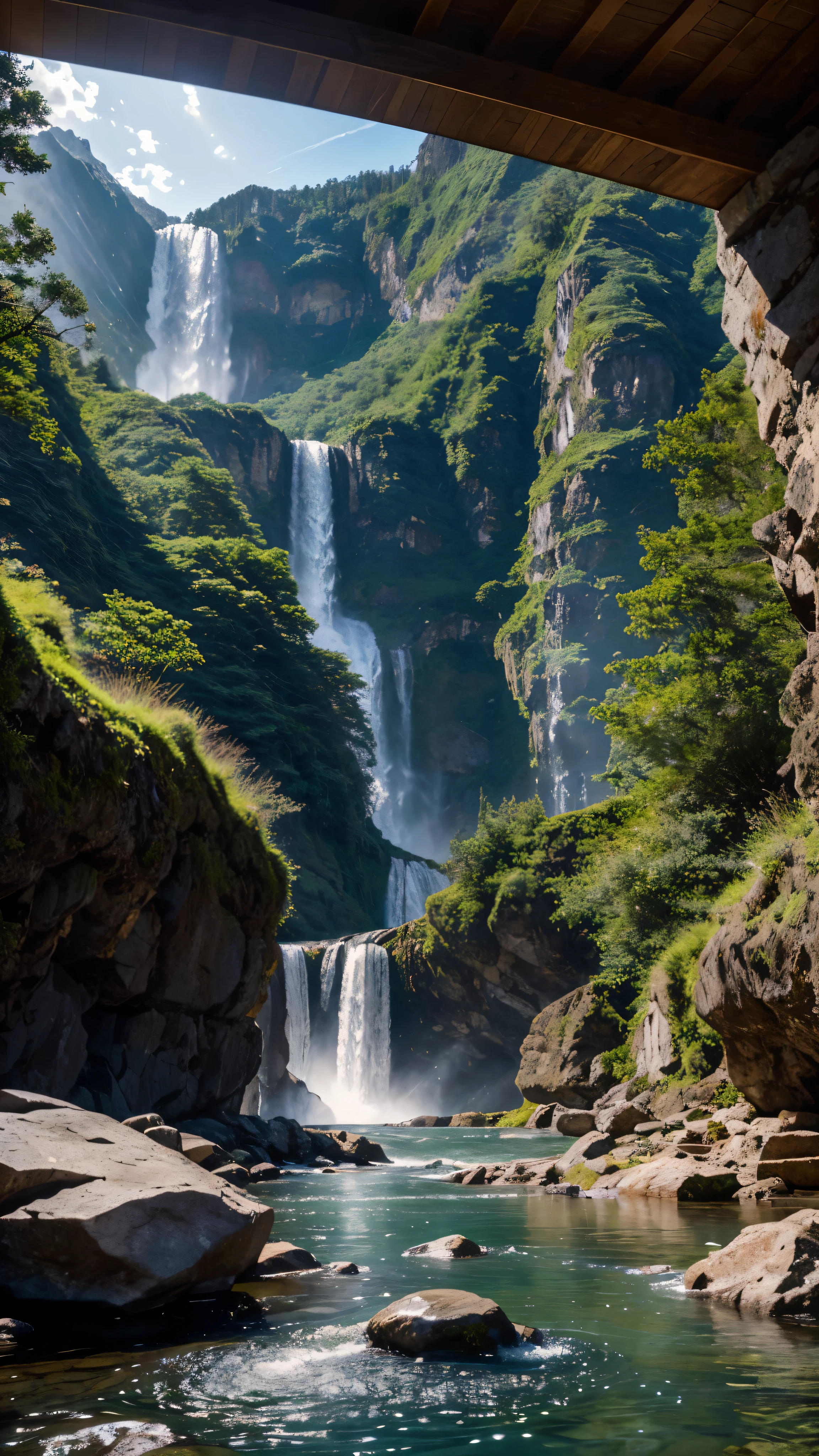 Breathtaking waterfalls cascading down towering mountainsides、It creates a fascinating scene that represents the pinnacle of landscape art.。This 8K CG Unity masterpiece、Showcasing the waterfall in exquisite detail、Each drop sparkles and shines in the bright sunlight.。Theatrical rays of light pierce the cloudy sky、Surrounding mountains々Cast a dramatic shadow on、Enhances the enchanting charm of the waterfall。 The flowing water seems to dance gracefully around the jagged rocks.、Seamlessly transition from a quiet pool to a roaring spring。The artist has captured the essence