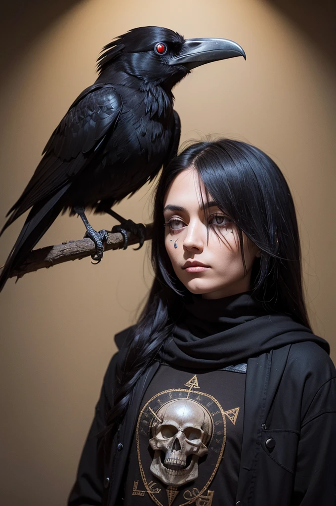 raven head, human skull and a compass