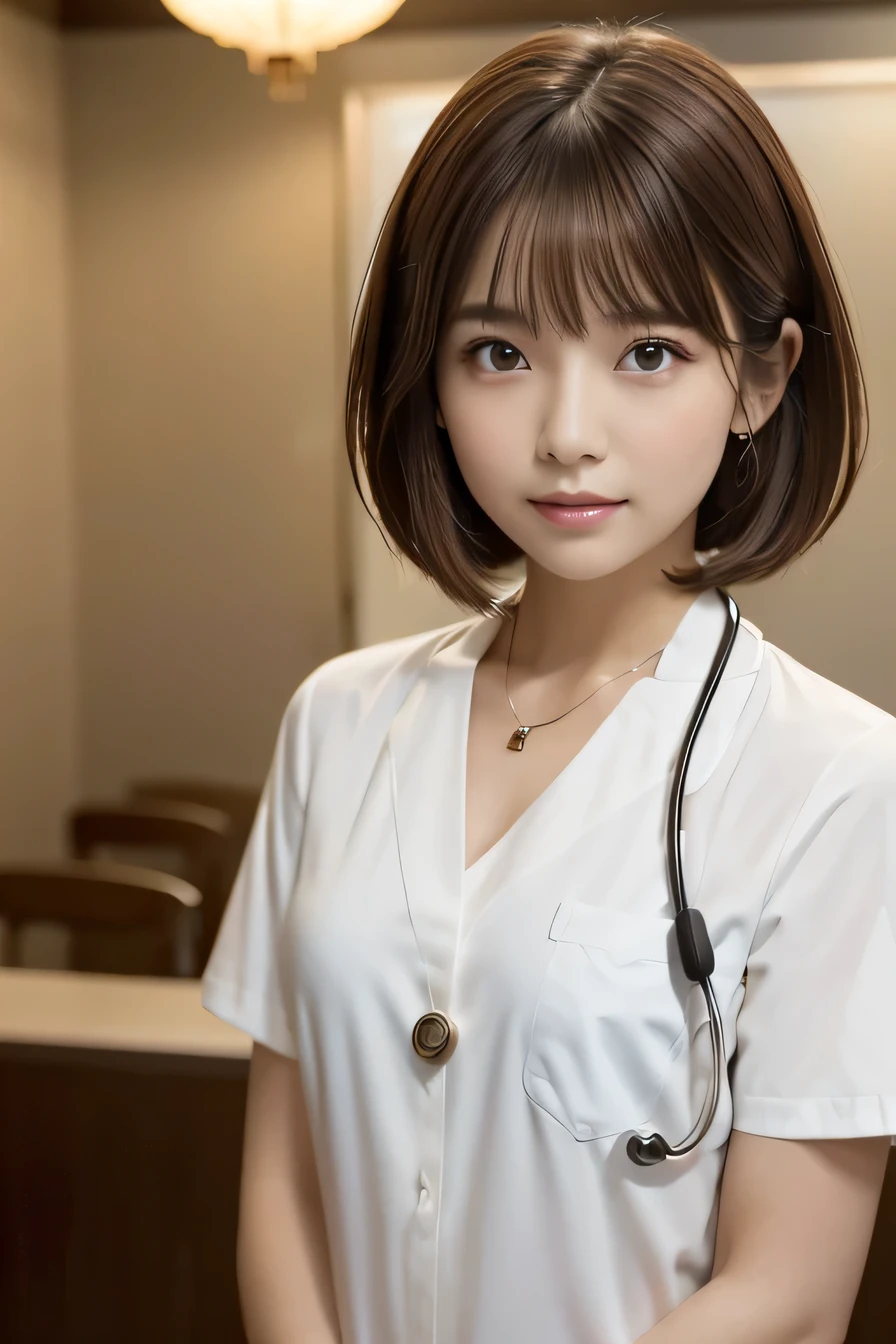 Beautiful young woman、 Japanese women、Brown Hair、Necklace around the neck、White、shirt、Stethoscope、short hair、Intricate details, Very detailed:1.2), 、 Looking into the camera,The background is the examination room...、ear piercing