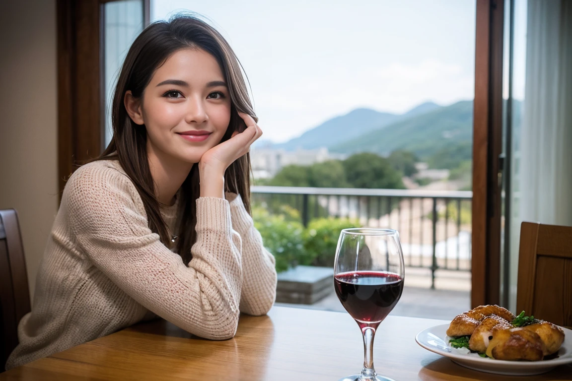 ((Highest quality、8K、masterpiece:1.3))、最高のsmile、1 male 1 female、Beautiful couple、love love love、slimな恋人、Good friends、actressカップル、smile、Full-course dinner at a packed table、Brown Hair Couple、The body is slim、((Bob Hale、Straight hair:1.2)), (Realistic, Intricate details:1.2), テーブルの上のwine glass、Shine light on your face、 Amazing view of the sunset sky and clouds、Amazing mountain views、A bright smile、The wonderfulness of smile、Bright image、The beauty of wine, Beautiful Face, blue eyes, The light shines on your face, Blushing, short hair,Bright Face、 (Age 37), 39 years old, red wine 、Appetizers、Italian food、Wine bottle、Champagne、sparkling wine、Two beauties、Brown Hair、Shortcuts、Long sleeve shirt、dress、Beautiful woman 1, (slimな顔), (The body is slim), (Brown Hair), (Shortcuts), cheeks turn a little red,Attractive beauty、restaurant, In a prominent place (From the waist up) Nova Frog Style, actress, model, Upper Body, White wine, slim, wine glass, A wine glass placed in the center, smile, (smile: 1.15), Beautiful fine grain, Depth f/2,saturation, High Contrast, Strong light and shadow,Moist Body:1.5、3D texture、Delicate eyes、Brown Hair、The hair is very shiny、