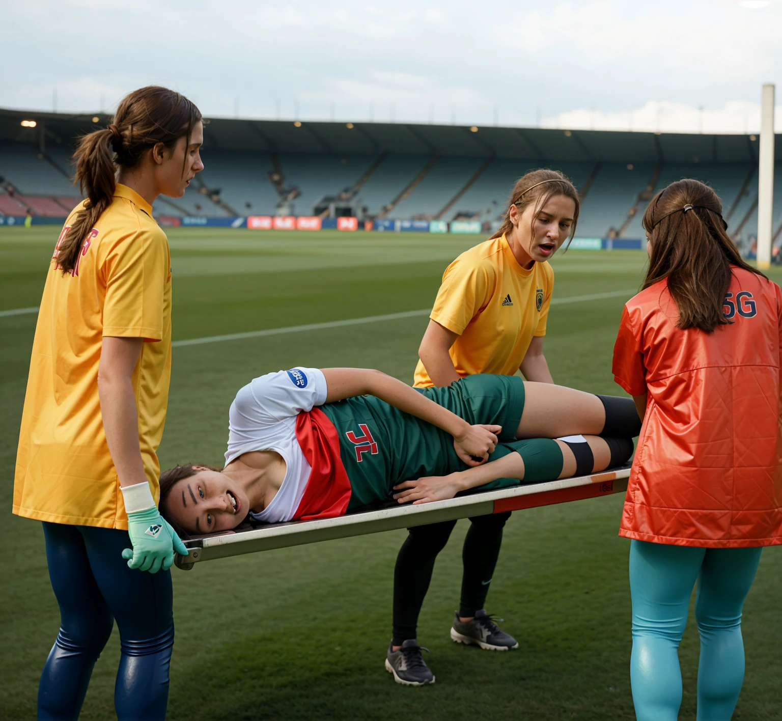 a soccer scene in a german sports stadium, injury scene in a sports stadium, stretcher carry, an injured soccer player is lying head first on his back on a stretcher and is covering his head with the hand, there are four young schoolgirls in shiny leather-trousers carrying a stretcher, there are four longhaired schoolgirls in high-shine latex-leggings who are carrying a stretcher in a german sports stadium, there is a wounded male soccer player in a short sports outfit lying head first on the stretcher, an injured male soccer player is lying head first on his back on a stretcher and is covering his agonised face with a hand, a soccer player is rearing up in intense pain while lying head first on his back on a stretcher and covering his head with a hand, dramatic scene, theatralic posing scene, dramatic pity scene, injury soccer, first aid, help, pity, there are four very angry looking schoolgirls in shiny latex-trousers who are looking very sad and very terrified and very shocked, the injured soccer player is screaming out in pain while he is carried from the pitch on a stretcher