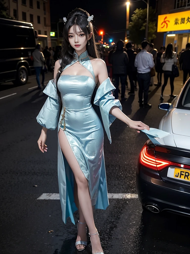 Full-body photo, The most cheap Chinese godness prostitute, streetwhore，streethooker，A very clear face，tatto on the face and breast， Standing by the dirty roadside，soliciting clients on a night poor and dirty street, night, eye contact, looking at client,A sexy and teasing expression， masterpiece, best quality, perfect detail, perfect face detail, perfect eye detail, perfect skin detail, have to many man, perfect lighting，Breasts larger than torso。smooth and delicate woman。beautiful woman，cheap prostitute。Hairpin。