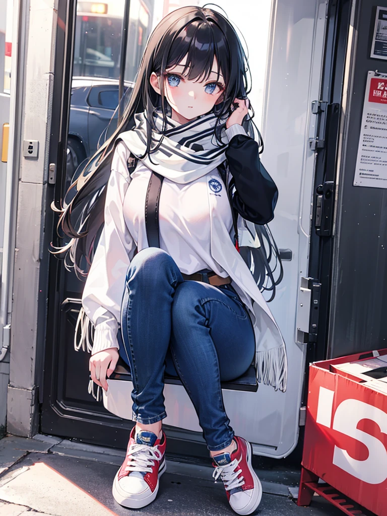 1girl,,legwear,,anklet,black hair,straight_hair,hime cut,long hair,sneakers,huge filesize,scarf,jeans
