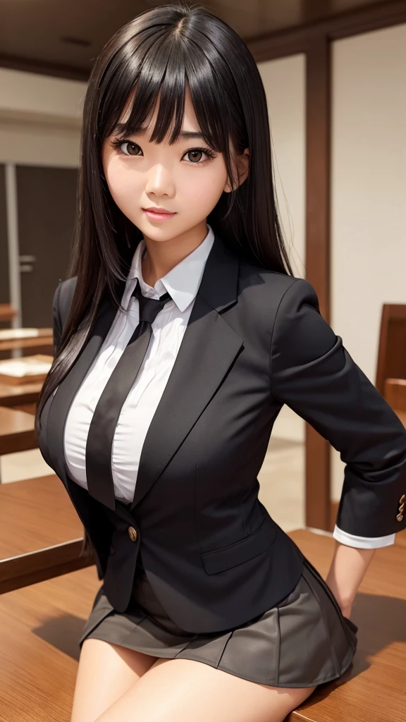 ((high quality)), ((Tabletop)), (Detailed face), (highlight),　Asian Girl、Big breasts、thigh、Black Hair、Heavy bangs、high school girl、skirt、blazer、