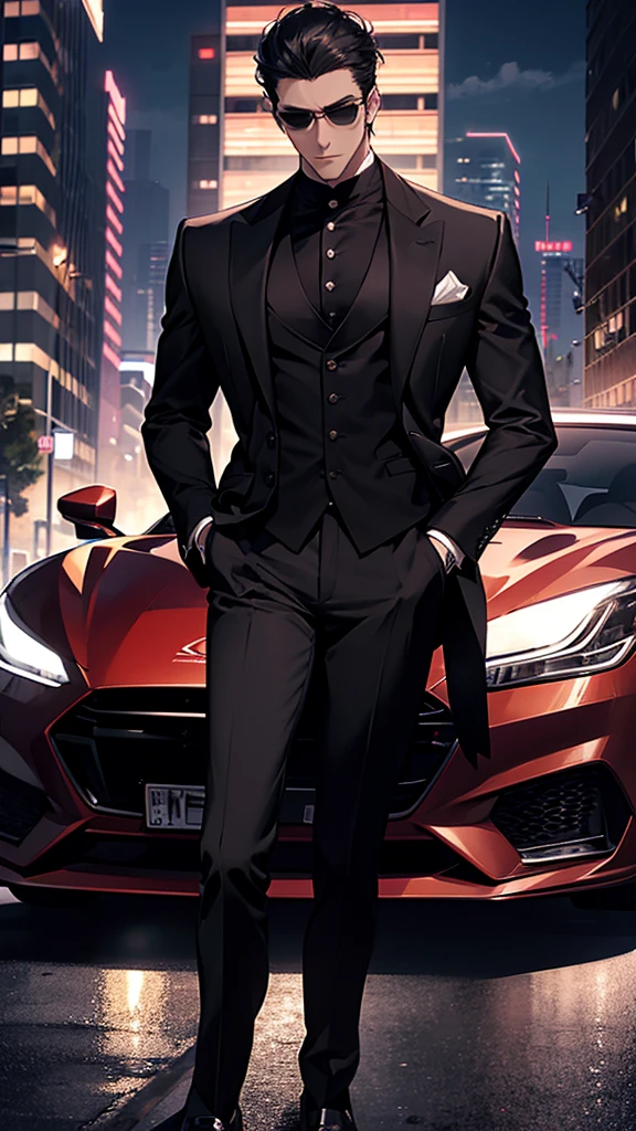 arafed man in a suit leaning on a car in a city, digital art by Yang J, trending on cg society, digital art, black luxurious suit, man in black suit, luxurious suit, neo - noir style, stylish suit, wearing a stylish men's suit, black suit, 3-piece-suit, formal attire, handsome and elegant