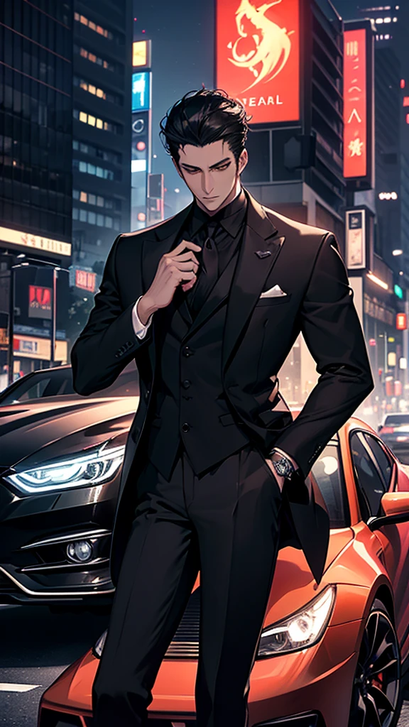 arafed man in a suit leaning on a car in a city, digital art by Yang J, trending on cg society, digital art, black luxurious suit, man in black suit, luxurious suit, neo - noir style, stylish suit, wearing a stylish men's suit, black suit, 3-piece-suit, formal attire, handsome and elegant