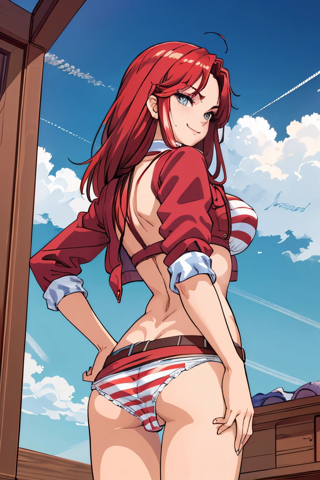 masterpiece, best quality, yukaii, jacket, sleeves rolled up, tube top, (((hands striped ))), belt, white , large , standing, cowboy shot, smirk, (((turn back))), (((show her ))), from below, sky, clouds