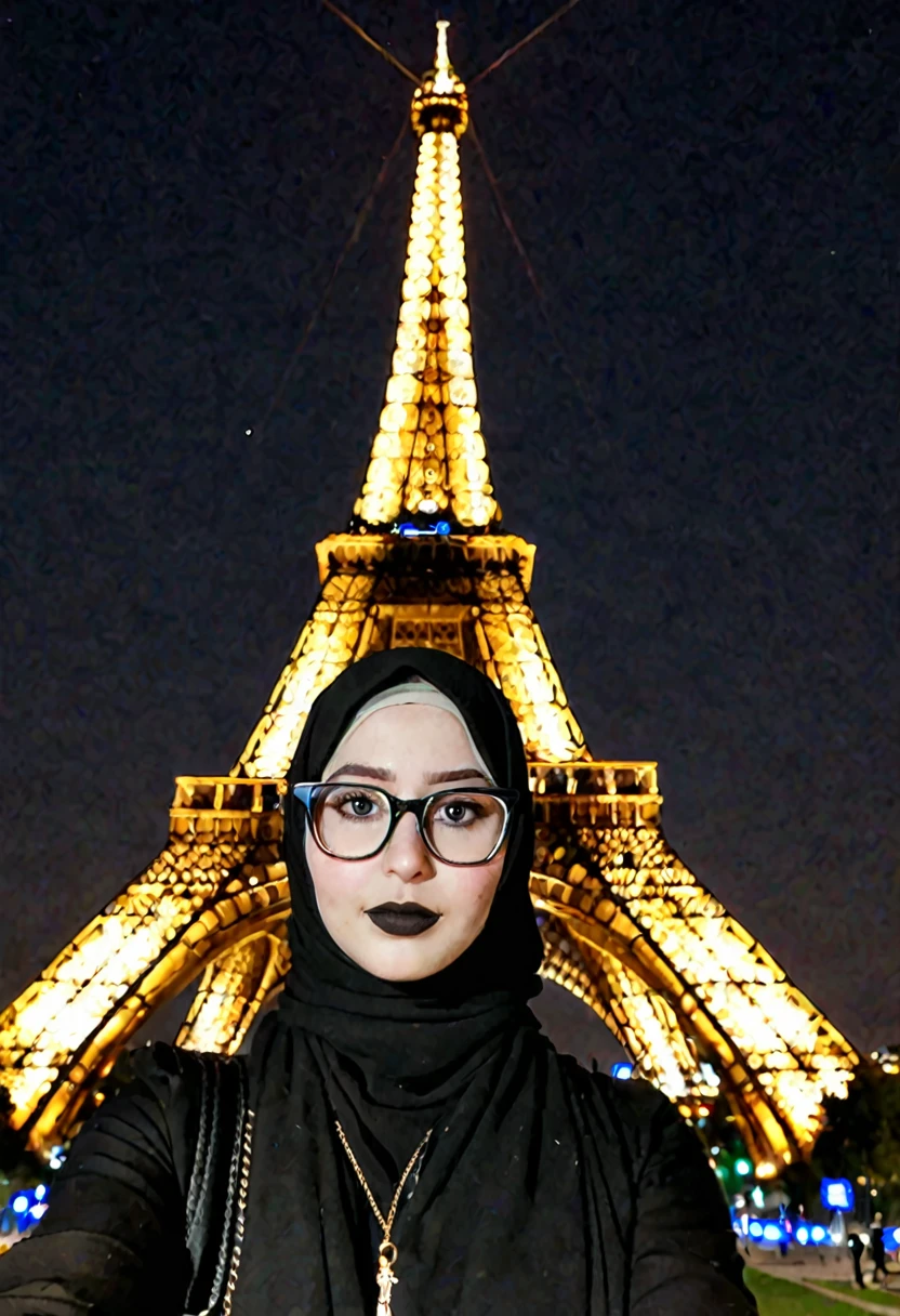 Slim fit weak Very Pale skin black eyebrows kurdish glasses in tight black hijab standing front Eiffel tower at night selfie