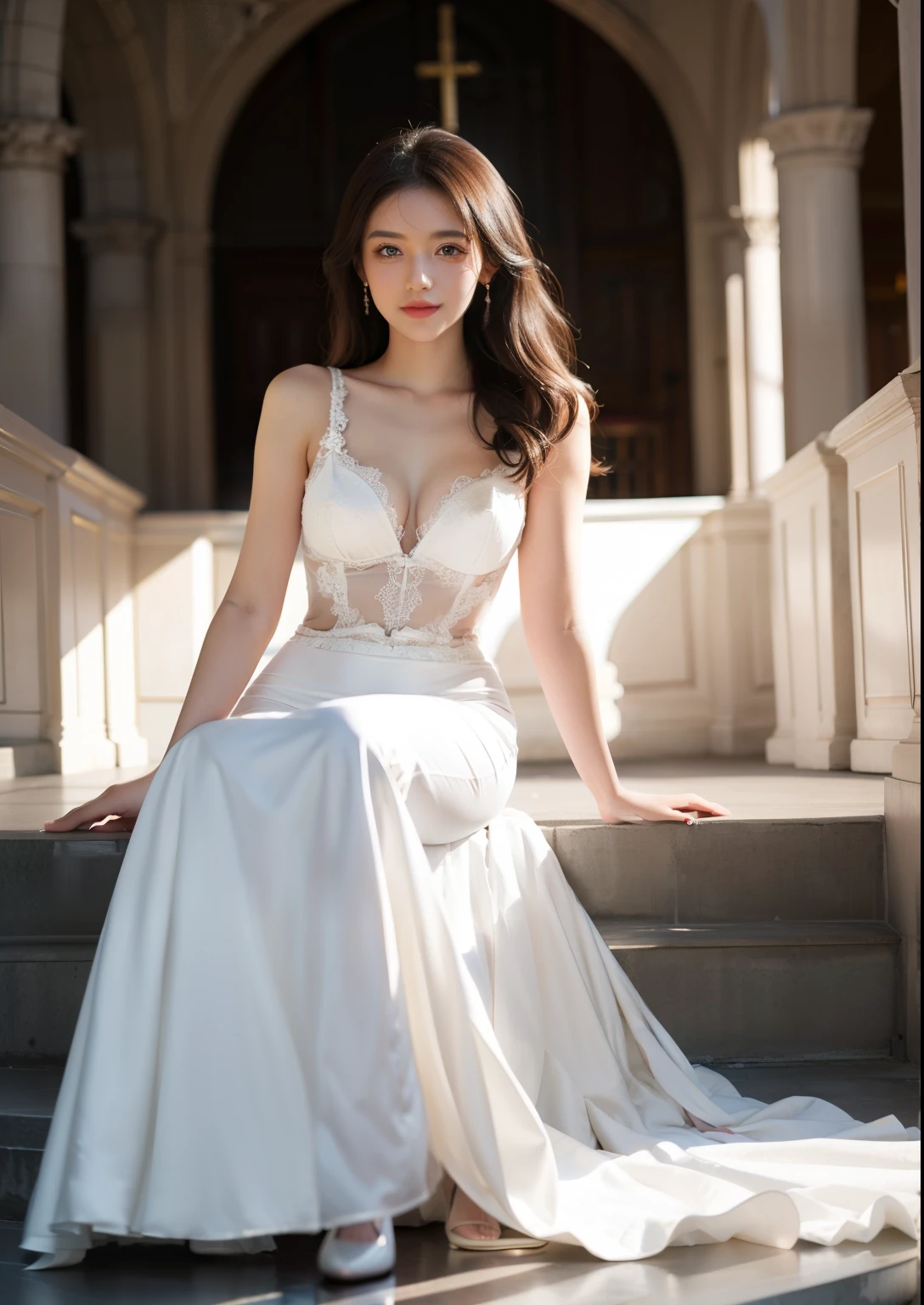 Beautiful 25 year old skinny woman。She is posing very seductively。She wears a wedding dress. She is smiling in the light of the church night at romantic sunset time.  Her dark brown hair. High resolution、masterpiece、Highest quality、頭w:1.0、((Hasselblad Photos))、Fine skin、(Cinema Lighting)、clavicle . Full body photo.