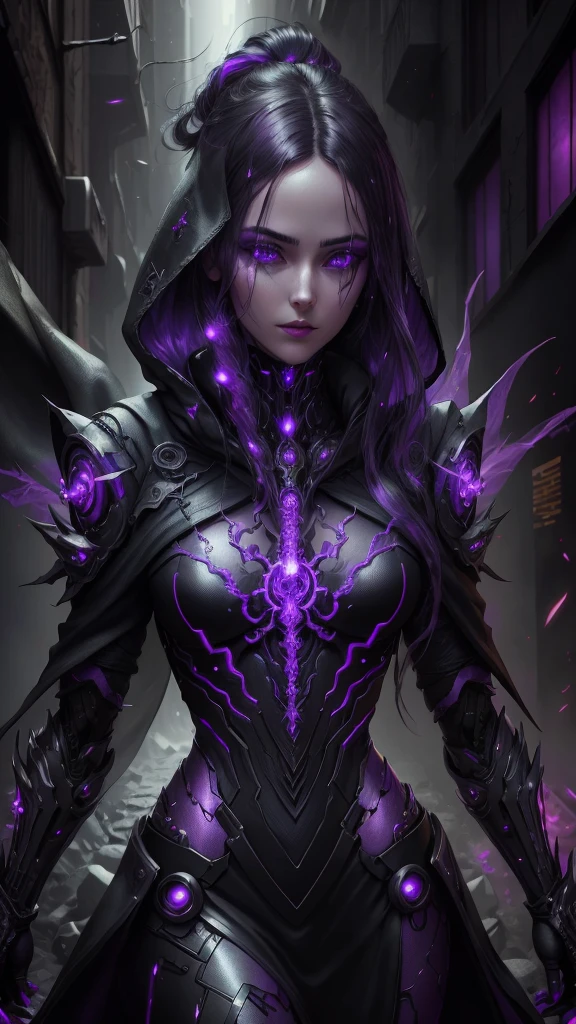 a dark fantasy cyberpunk android woman, 1 girl, highly detailed, hyper realistic, masterpiece, 8k, photorealistic, beautiful detailed eyes, beautiful detailed lips, extremely detailed face, long eyelashes, long white hair, shawl, black coat, glowing purple eyes, expressionless, mecha long skirt, holding a weapon, beautiful necromancer, dark cloaked necromancer, beautiful death, dark witch character, (black purple:1.1), studio lighting, professional, vivid colors, physically-based rendering, extreme detail description