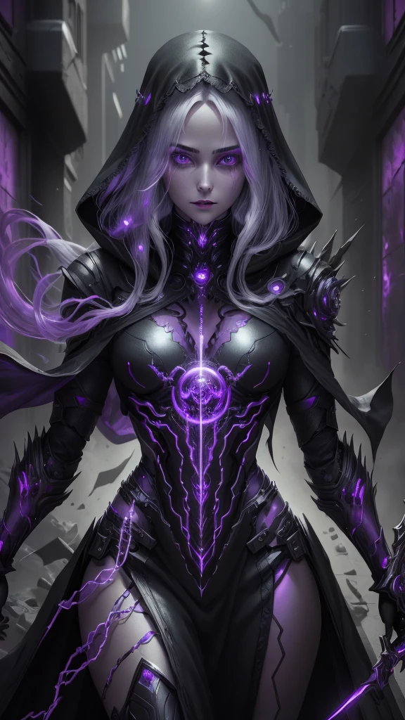 a dark fantasy cyberpunk android woman, 1 girl, highly detailed, hyper realistic, masterpiece, 8k, photorealistic, beautiful detailed eyes, beautiful detailed lips, extremely detailed face, long eyelashes, long white hair, shawl, black coat, glowing purple eyes, expressionless, mecha long skirt, holding a weapon, beautiful necromancer, dark cloaked necromancer, beautiful death, dark witch character, (black purple:1.1), studio lighting, professional, vivid colors, physically-based rendering, extreme detail description