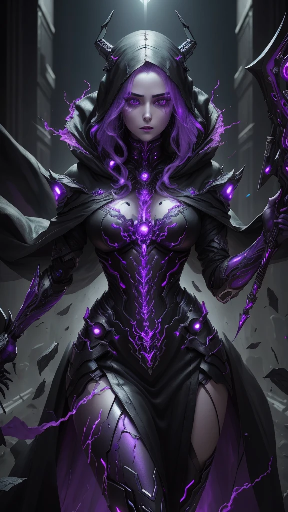 a dark fantasy cyberpunk android woman, 1 girl, highly detailed, hyper realistic, masterpiece, 8k, photorealistic, beautiful detailed eyes, beautiful detailed lips, extremely detailed face, long eyelashes, long white hair, shawl, black coat, glowing purple eyes, expressionless, mecha long skirt, holding a weapon, beautiful necromancer, dark cloaked necromancer, beautiful death, dark witch character, (black purple:1.1), studio lighting, professional, vivid colors, physically-based rendering, extreme detail description