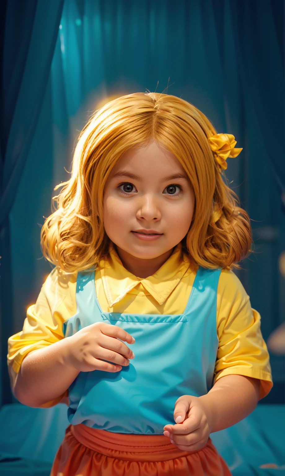 The image shows a super cute with blinde hair, wearing a yellow t-shirt anh turquoise top, and a red skirt, cute , baby girl, smooth 3d model, glossy plastic texture, multiple light sources, rim light, sharp post effects render, most beautiful vfx, , realistic, 4k, high resolution, rim light, smooth 3d model. , glossy texture, smooth 3d model, multiple light sources, rim light, sharp post effects render, (glossy plastic texture with multiple big light probe refractions), perfect cgi, reflective, best quality, 4k, masterpiece:1.2, ultra-detailed, realistic, vivid colors, The image of the highest quality, ensuring every detail showcased perfectly. It in 4k resolution, allowing viewers to immerse themselves in the richness of the colors and intricate details. The realistic rendering. under the spotlight, reflecting, high-resolution image, realistic rendering