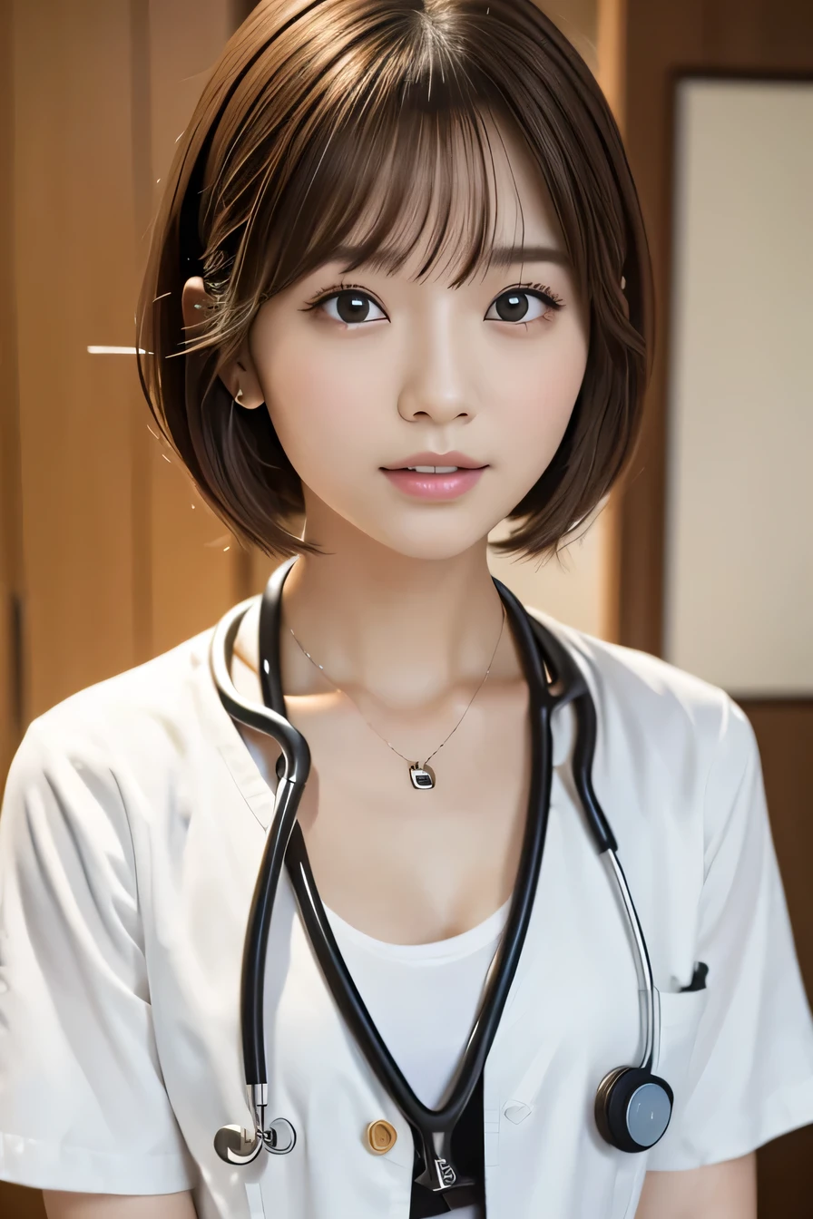 Beautiful young woman、 Japanese women、Brown Hair、Necklace around the neck、White、shirt、Stethoscope、short hair、Intricate details, Very detailed:1.2), 、 Looking into the camera,The background is the examination room...、ear piercing