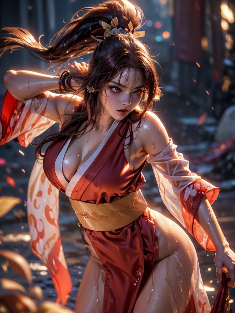 (exquisitely detailed CG unity 8k wallpaper, masterpiece-quality with stunning realism), (best illumination, best shadow), (best quality), (elegant style:1.2), Arti modern anime. angled view, heroic pose, midshot, (cel-shading style:1.3), centered image, ultra detailed closeup portrait of (Mai Shiranui:1) from (King of Fighters), best quality, expressive eyes, perfect face, highres, (ultra details), 1 girl, solo, brown hair, hair ornament, eyeshadow, gold, white and red qipao, highly ornamented, in the city of Japan, portrait, looking at the viewer, piercing eyes, full body, (light from the angle:1) (wind blowing:1.2).(depth of field effects:1.3) (motion action:1.2) (closeup:1.2) (angled closeup photography:1), (motion blur effects:1), wide angles, spreading feet, Thin to ,see-through,(((Soggy-kimono:1.2))),Lace fabric, (((water-immersed body: 0.9))),jewelry, relaxing pose, (dress on fire:.7), ((Leaning forward:1)), (pretty young face:1) ( coy expression:1), (makeup:1)
