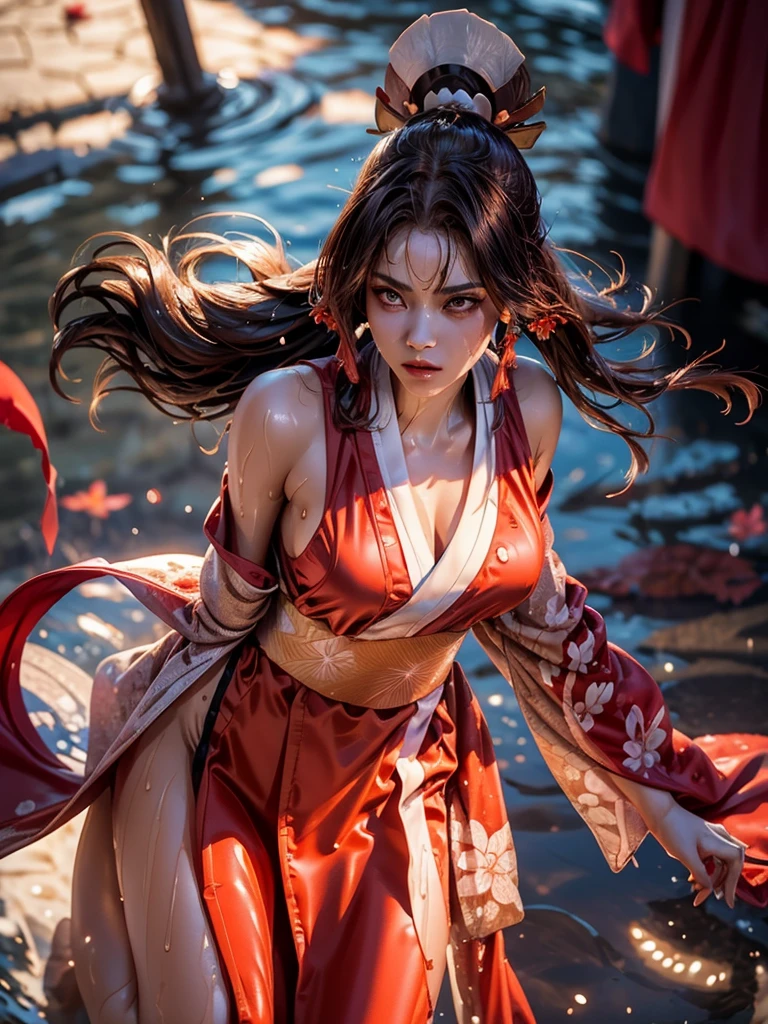 (exquisitely detailed CG unity 8k wallpaper, masterpiece-quality with stunning realism), (best illumination, best shadow), (best quality), (elegant style:1.2), Arti modern anime. angled view, heroic pose, midshot, (cel-shading style:1.3), centered image, ultra detailed closeup portrait of (Mai Shiranui:1) from (King of Fighters), best quality, expressive eyes, perfect face, highres, (ultra details), 1 girl, solo, brown hair, hair ornament, eyeshadow, gold, white and red qipao, highly ornamented, in the city of Japan, portrait, looking at the viewer, piercing eyes, full body, (light from the angle:1) (wind blowing:1.2).(depth of field effects:1.3) (motion action:1.2) (closeup:1.2) (angled closeup photography:1), (motion blur effects:1), wide angles, spreading feet, Thin to transparent,see-through,(((Soggy-kimono:1.2))),Lace fabric, (((water-immersed body: 0.9))),jewelry, relaxing pose, (dress on fire:.7), ((Leaning forward:1)), (pretty young face:1) (sexy coy expression:1), (makeup:1)