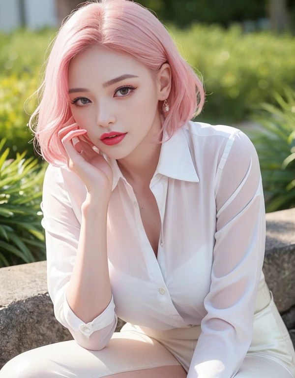 1 girl, Korean model, extremely beautiful, perfect body. Photo taken with Canon EOS R5 85mm f/11 Camera, ((sharp)) mode of people and surrounding scenery. Image quality ((8K)), ((lifelike)), ((masterpiece)), ((sharp and highest contrast)), ((great depth of field)), ((light stereolithography)). ((Pink hair)), long and smooth, the wind blows it beautifully under the bright sunlight. Beautiful face, perfect and sexy, holy, perfectly balanced, ((beautiful in every detail)), ((shiny)), ((high-end cosmetic makeup)), ((shiny bright, radiant)). Bright smile, pure white teeth and details. Seductive glossy red lips, ((brilliant glossy red lipstick)). The eyes are brown, glossy, seductive, ((sharp makeup)), realistic, ((wet eyes)) and detailed. Pink eyeshadow, long eyelashes, blush, high-end cosmetics. Two delicate eyelids, perfectly beautiful and detailed, black eyelashes. Eyebrows are curved, sparse, sharp and detailed. High and detailed nose. Cheeks are prominent and detailed. ((Ivory white, bright white skin)), detailed pores, ((shiny skin)), smooth, rosy, flawless skin texture. Long, shiny legs. Beautiful, perfect hands, ((no flaws)). ((Light shines directly on the face)), bright sunlight, ((shines light on the front part of the girl's body)).
Close-up photo of girl sitting, ((very thin pink shirt)), ((blue shiny leather skirt)), ((red lingerie)).
