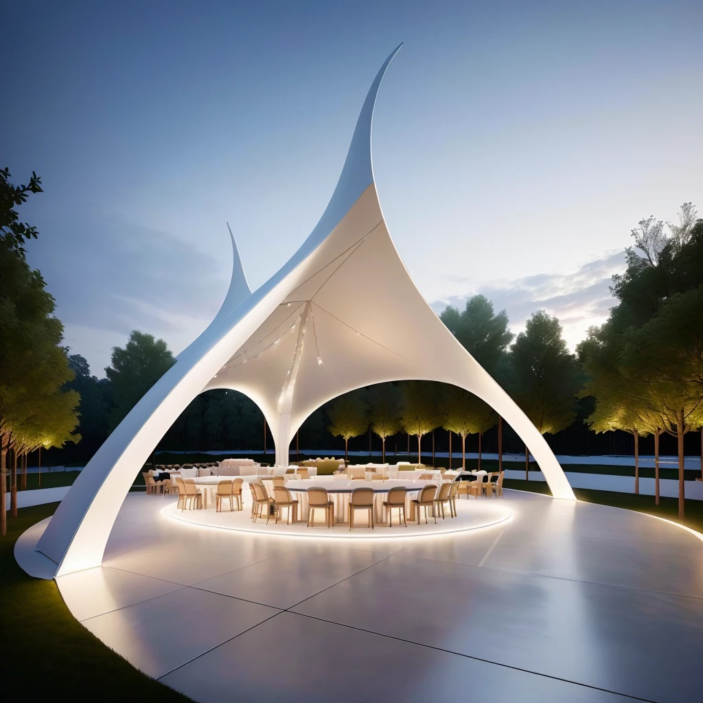 There is a big white tent,There are tables and chairs inside, Covered outdoor stage, tent architecture, Moonlight Rendering, by Zha Shibiao, Futuristic Church, 3D rendering evenly lit, pavilion, Height Rendering, Architectural Visualization, Well-lit 3D rendering, Architectural Rendering, Beautiful rendering, inspired by Zha Shibiao, Architectural Rendering, Architectural Renderinging