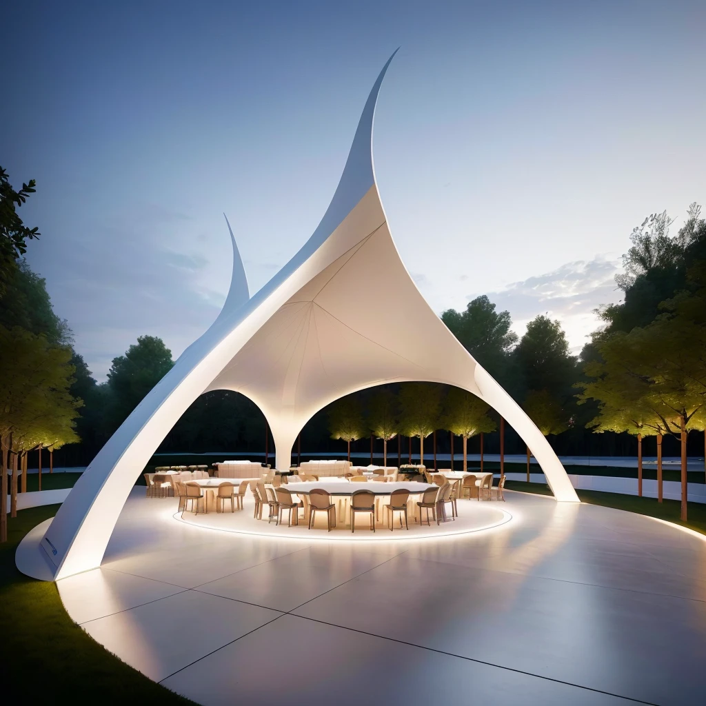 There is a big white tent，There are tables and chairs inside, Covered outdoor stage, tent architecture, Moonlight Rendering, by Zha Shibiao, Futuristic Church, 3D rendering evenly lit, pavilion, Height Rendering, Architectural Visualization, Well-lit 3D rendering, Architectural Rendering, Beautiful rendering, inspired by Zha Shibiao, Architectural Rendering, Architectural Renderinging