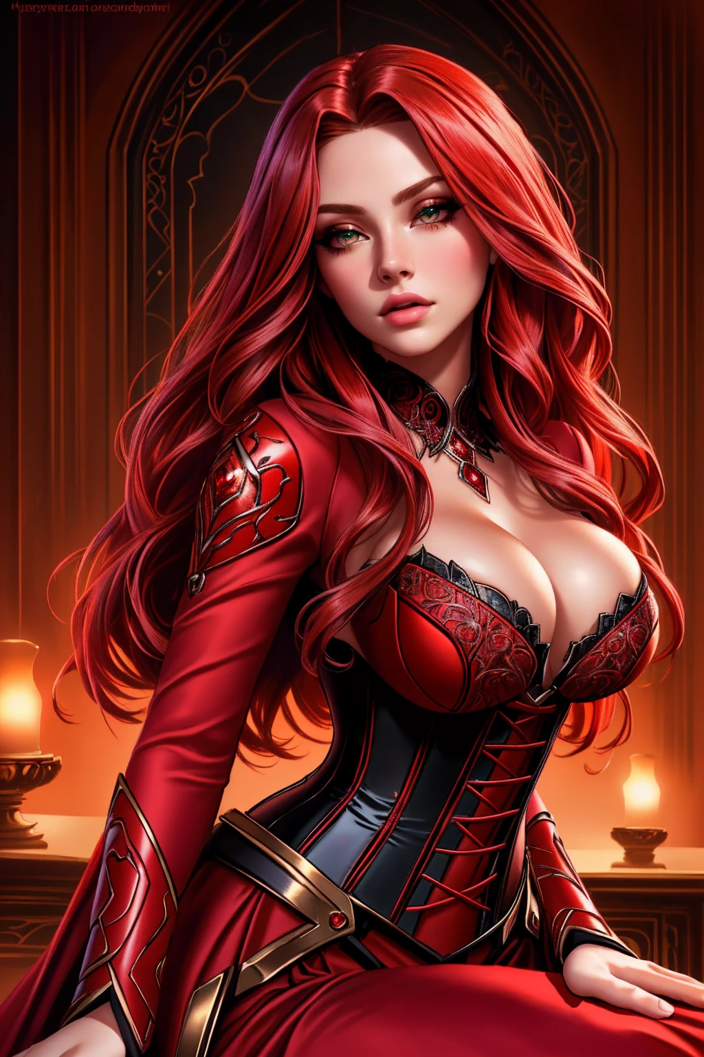 a woman with long crimson hair, wearing a long, intricate corset, beautiful detailed eyes, beautiful detailed lips, extremely detailed face, longeyelashes, elegant pose, graceful movement, breathtaking, detailed and realistic, oil painting, dramatic lighting, warm color palette, cinematic composition, masterpiece, 8k, high quality, Scarlet Witch