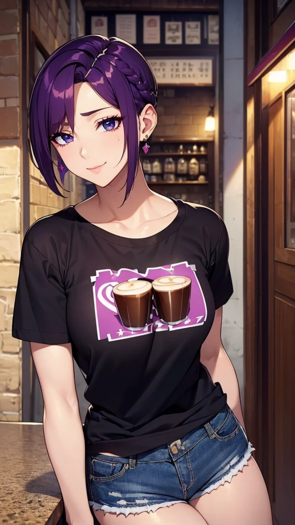 ((8K resolution))、((highest quality))、((masterpiece))、((Super detailed))((((dramatic))), (anatomically correct)、Depth of object being written、look at the camera、one person、one personのJK、smile、Laughter、Cover your mouth with your hands、close one eye、shed tears、front、Narrow frame, elegant posture, thin fingers, Willow-like limbs, Great presence,(undercut hairstyle)、gold earrings、purple eyes、tattoo、(T-shirt、shorts)、(theme、whole body:1.1), ネオンpunkスタイル、punk、alley、(Cafe、drink coffee)