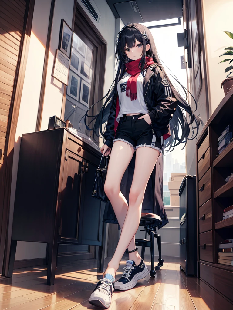 1girl,,legwear,,anklet,black hair,straight_hair,hime cut,long hair,sneakers,huge filesize,scarf,Black pants