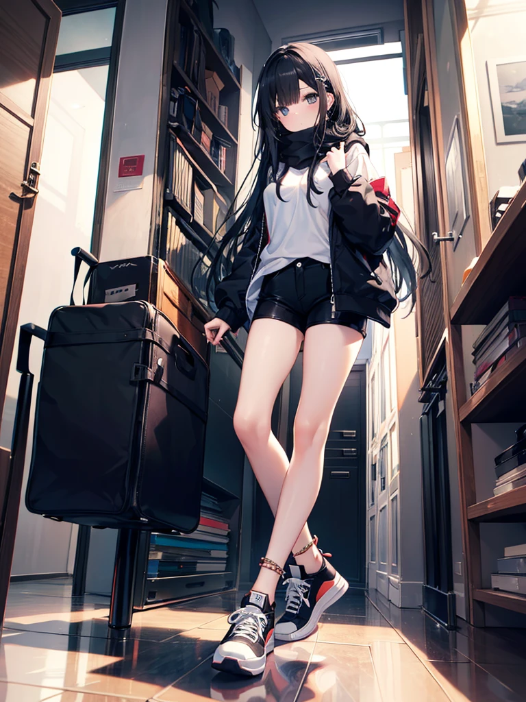 1girl,,legwear,,anklet,black hair,straight_hair,hime cut,long hair,sneakers,huge filesize,scarf,Black pants