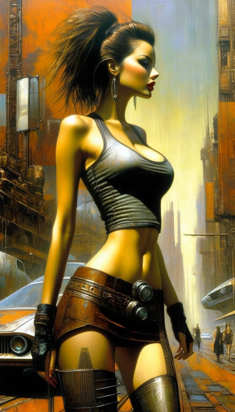 Future sexy girl in a futuristic city.1.5, rusty metal city, lots of details, cars, buildings, billboards, leather miniskirt and very tight tank top, (Dave Mckean inspired art, intricate details, oil painting)