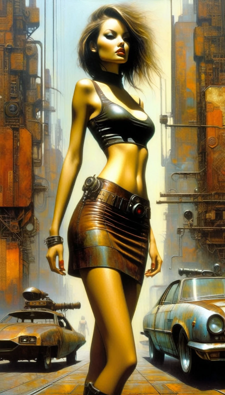 Future sexy girl in a futuristic city.1.5, rusty metal city, lots of details, cars, buildings, billboards, leather miniskirt and very tight tank top, (Dave Mckean inspired art, intricate details, oil painting)