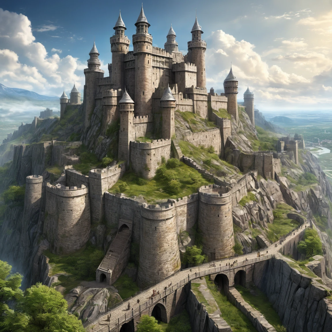 (best quality)), ((masterpiece)), ((realistic,digital art)), (super detailed), gigantic gneiss fortress in a walled city, very important fortifications, (gigantic, very slender towers), (medieval fantasy style), seen from the ground